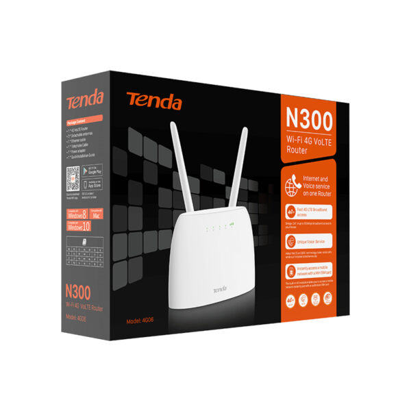 Router Tenda 4G06 300Mbps WiFi 4G-LTE Volte - CAT.4 Supp FDD LTE/TDD-LTE/WCDMA/GSM 1P GE WAN/LAN,1P GE LAN 2FF SIM 1P RJ1